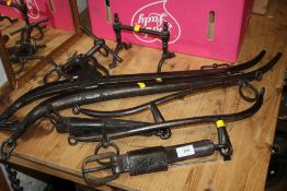 A SELECTION OF METALWARE TO INCLUDE HORSE HAMES, BOOT SCRAPPER ETC.