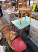 A VINTAGE KITCHEN TABLE WITH THREE BENTWOOD CHAIRS & ANOTHER (5)
