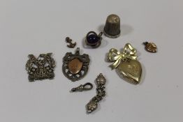 A BAG OF MOSTLY SILVER COLLECTABLES TO INCLUDE A HALLMARKED SILVER THIMBLE, SILVER FOB MEDALS ETC.