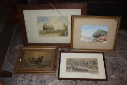 TWO FRAMED AND GLAZED WATERCOLOURS TOGETHER WITH A GILT FRAMED OIL ON CANVAS OF SHIPS AT SEA AND A