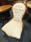 A VICTORIAN MAHOGANY FRAMED LADIES CHAIR WITH SILK FLORAL UPHOLSTERY