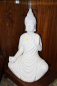 A LARGE WHITE RESIN SEATED BUDDHA FIGURE
