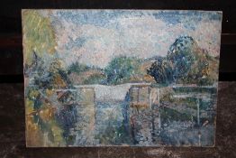 AN UNFRAMED IMPRESSIONIST OIL ON BOARD OF A RIVER LANDSCAPE