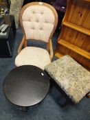 AN UPHOLSTERED BUTTON BACK BEDROOM CHAIR TOGETHER WITH A PIANO STOOL AND A CIRCULAR OCCASIONAL