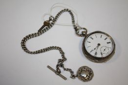 AN ANTIQUE SILVER POCKET WATCH ON SILVER ALBERT CHAIN WITH FOB