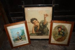 A LARGE FIGURAL PRINT ENTITLED 'THE SIGNAL' IN EBONISED CROSS FRAME, TOGETHER WITH TWO MAPLE