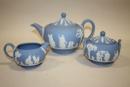 A BLUE WEDGWOOD JASPERWARE 3 PIECE TEA SERVICE