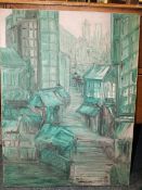 AN UNFRAMED MIXED MEDIA ON CANVAS OF A CONTINENTAL STREET SCENE