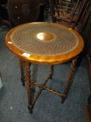 A CIRCA 1920'S OAK BARLEYTWIST BERGERE TOPPED OCCASIONAL TABLE H-69 CM DIA-54 CM