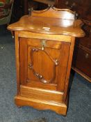 AN ANTIQUE MAHOGANY SHAPED COAL BOX WITH PULL DOWN DOOR H-72 CM W-45 CM