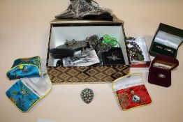 A BOX OF COSTUME JEWELLERY ETC TO INCLUDE BOXED HIS AND HERS TITANIUM WEDDING BANDS, SILVER RING