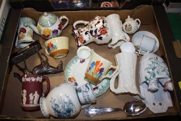 A TRAY OF ASSORTED CERAMICS TO INCLUDE CLARICE CLIFF, WEDGWOOD, MASONS ETC.