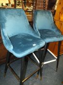 A PAIR OF MODERN TEAL UPHOLSTERED BAR STOOLS (2)