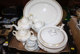 A TRAY OF WHITE AND GILT CHINA TO INCLUDE A VICTORIAN STYLE FOUR PIECE TEA SERVICE