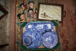FOUR CHARACTER JUGS TO INCLUDE ROYAL DOULTON EXAMPLES, TOGETHER WITH A SMALL TRAY OF BLUE AND
