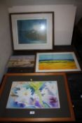 TWO FRAMED WATERCOLOURS OF A LANDSCAPE AND FLOWERS TOGETHER WITH AN UNFRAMED WATERCOLOUR OF CATTLE