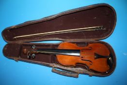 A CASED VINTAGE ONE PIECE BACK VIOLIN AND BOW, A/F