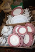 TWO TRAYS OF ASSORTED TEA AND DINNERWARE TO INCLUDE ROYAL SWAN CHINESE FRET, THOMAS GERMAN CHINA