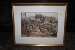A GILT FRAMED AND GLAZED WATERCOLOUR DEPICTING A WATERFALL WITH FIGURE SIGNED T. CRESWICK 1860