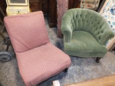 A VINTAGE GREEN UPHOLSTERED TUB STYLE ARMCHAIR AND ANOTHER CHAIR (2)