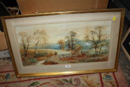 A GILT FRAMED AND GLAZED WATERCOLOUR DEPICTING A HUNTING SCENE SIGNED ARTHUR WILLETT