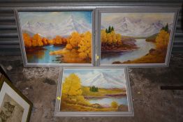 THREE FRAMED OIL PAINTINGS DEPICTING ALPINE LAKE SCENES ALL BY J W GITTINGS (ONE FRAME A/F)