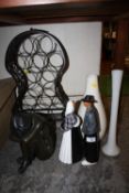 A MODERN WINE RACK TOGETHER WITH A COLLECTION OF FIGURES AND VASES (5)