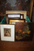A BOX OF PICTURES AND PRINTS TO INCLUDE A STILL LIFE OIL ON CANVAS