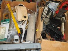 TWO BOXES OF MIXED ITEMS PLUS A CASED POWER MASTER ROTARY LASER LEVEL