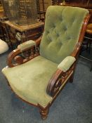 A LARGE VICTORIAN MAHOGANY SCROLL ARM, BUTTON BACKED GENTLEMANS ARMCHAIR