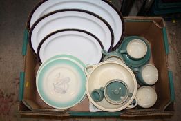A TRAY OF DENBY STONEWARE, BOOTHS MEAT PLATES ETC