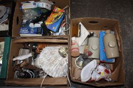 THREE BOXES OF ASSORTED CERAMICS AND SUNDRIES TO INCLUDE STONEWARE BOTTLES, BRASS PICTURE LIGHT ETC.