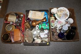 THREE BOXES OF CERAMICS AND METALWARE ETC TO INCLUDE STONEWARE JARS, ROYAL ALBERT PLATE ETC