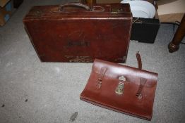 A VINTAGE LEATHER SUITCASE TOGETHER WITH A LEATHER SATCHEL (2)