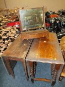 A GEORGIAN MAHOGANY DROPLEAF TABLE AND A DRESSING MIRROR - A/F TOGETHER WITH AN OAK BARLEYTWIST