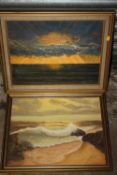 TWO GILT FRAMED OIL PAINTINGS ON BOARD DEPICTING SEASCAPES AT SUNSET BOTH SIGNED J W GITTINGS
