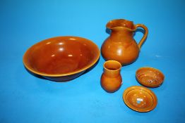 A BROWN GLAZED MINTONS FIVE PIECE JUG AND BOWL SET