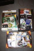 THREE TRAYS OF RECORDS, CDS AND TAPES ETC.