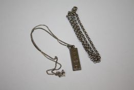 A HALLMARKED SILVER INGOT ON CHAIN TOGETHER WITH A SMALL BELCHER CHAIN