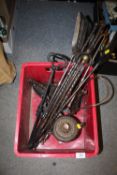 A BOX OF ANTIQUE FIRE IRONS, CAST METAL URN WITH ONYX POMMEL, IRON ETC.