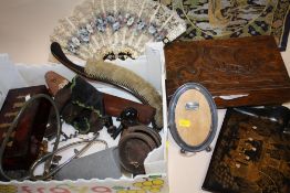 A BOX OF ASSORTED COLLECTABLES TO INCLUDE CHESS PIECES, STETHOSCOPE, ORIENTAL STYLE SILK WORK