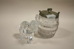 A WATERFORD CRYSTAL FIGURE OF AN ELEPHANT TOGETHER WITH A CUT GLASS BISCUIT BARREL