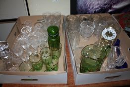 TWO TRAYS OF ASSORTED GLASSWARE TO INCLUDE EDINBURGH CRYSTAL, ETCHED GLASS DECANTER ETC.