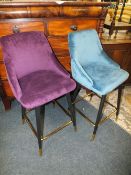 A HARLEQUIN PAIR OF MODERN TEAL AND PURPLE UPHOLSTERED BAR STOOLS (2)
