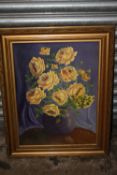 A GILT FRAMED STILL LIFE OIL ON BOARD DEPICTING YELLOW ROSES IN A VASE SIGNED J W GITTINGS