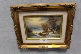 A SMALL GILT FRAMED OIL ON BOARD DEPICTING A SNOWY RURAL SCENE WITH HORSES PULLING A SLEIGH