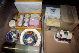 TWO TRAYS OF CERAMICS ETC. TO INCLUDE A BOXED CAROLINE QUARTERMAINE CUP AND SAUCER SET