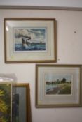 TWO FRAMED AND GLAZED SIGNED JAMES PRIDDEY PRINTS ENTITLED 'BIDFORD ON AVON' AND 'OVER THE SEA TO