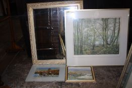 A GILT FRAMED BEVEL EDGED WALL MIRROR, TOGETHER WITH A FRAMED AND GLAZED SIGNED LIMITED EDITION