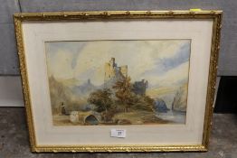 A GILT FRAMED AND GLAZED VINTAGE WATERCOLOUR DEPICTING A HILL TOP CASTLE